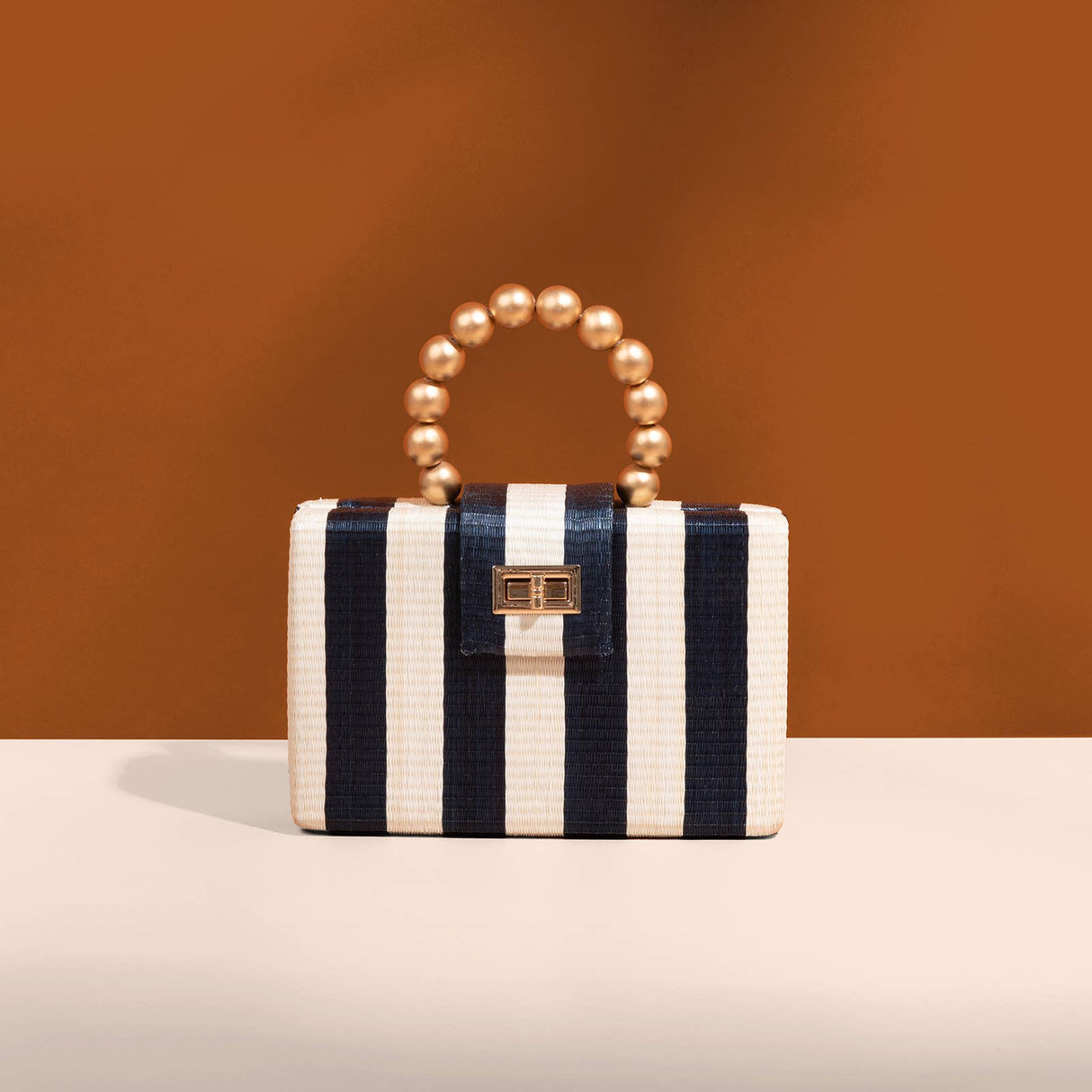 Navy Stripe Clutch Bag | Gold Bead Handle | Artisanal Luxury