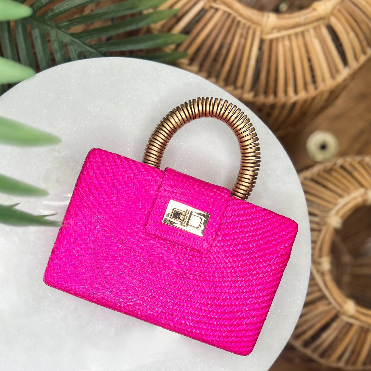 Pink Luxe Straw Clutch | Gold Bead Handle | Summer Resort