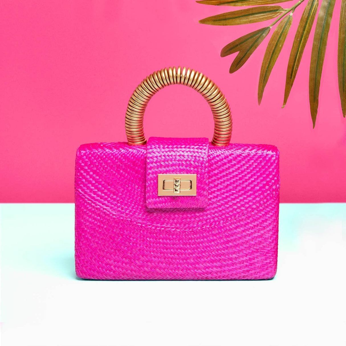 Pink Luxe Straw Clutch | Gold Bead Handle | Summer Resort
