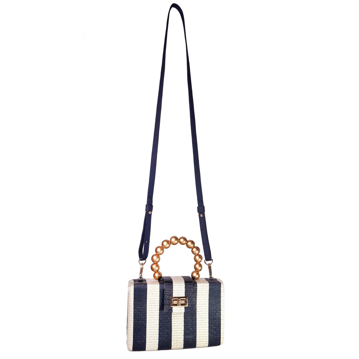 Navy Stripe Clutch Bag | Gold Bead Handle | Artisanal Luxury