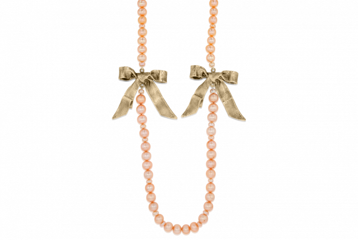 Double Bows on Peach Pearls Necklace