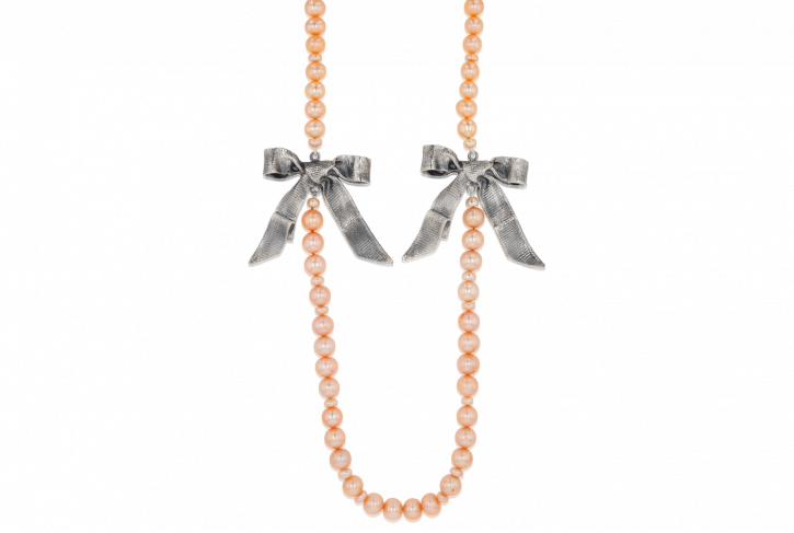 Double Bows on Peach Pearls Necklace