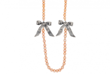 Double Bows on Peach Pearls Necklace