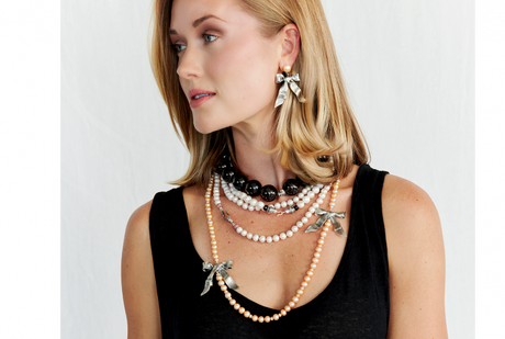 Double Bows on Peach Pearls Necklace
