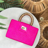 Pink Luxe  Straw Clutch | Gold Bead Handle | Summer Resort