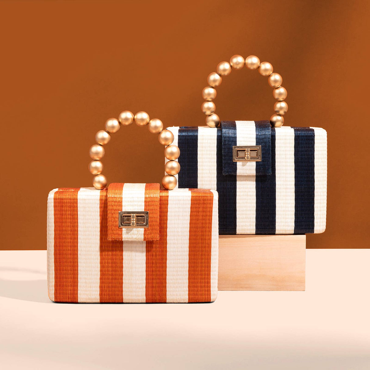 Navy Stripe Clutch Bag | Gold Bead Handle | Artisanal Luxury