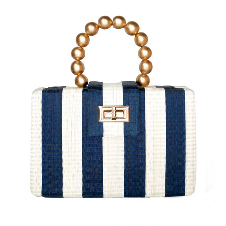 Navy Stripe Clutch Bag | Gold Bead Handle | Artisanal Luxury