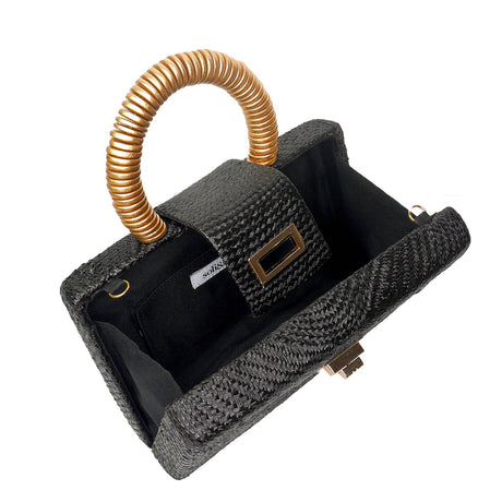 Black Straw Clutch | Gold Bead Handle | Vacation Luxury