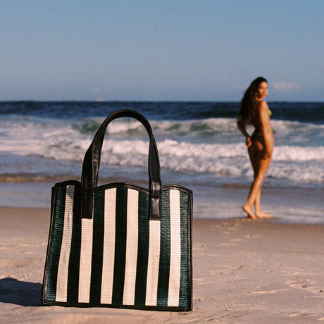 Navy Blue & Cream Striped Large Shopper Tote | Beach Bag