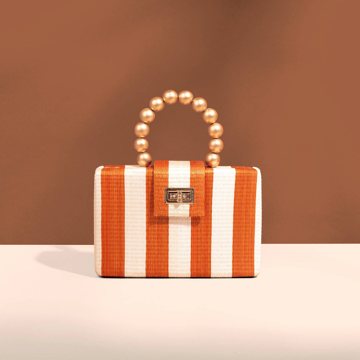 Orange Stripe Clutch Bag | Gold Bead Handle | Artisanal Luxe