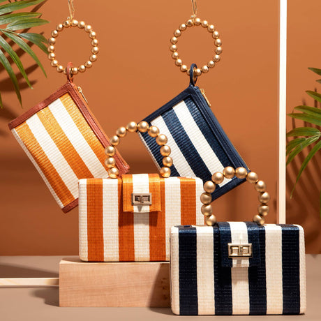 Navy Stripe Clutch Bag | Gold Bead Handle | Artisanal Luxury