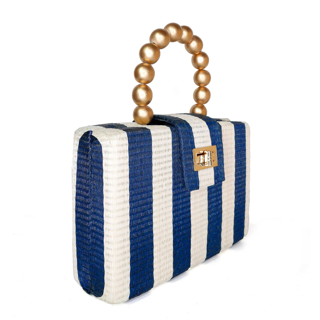 Navy Stripe Clutch Bag | Gold Bead Handle | Artisanal Luxury