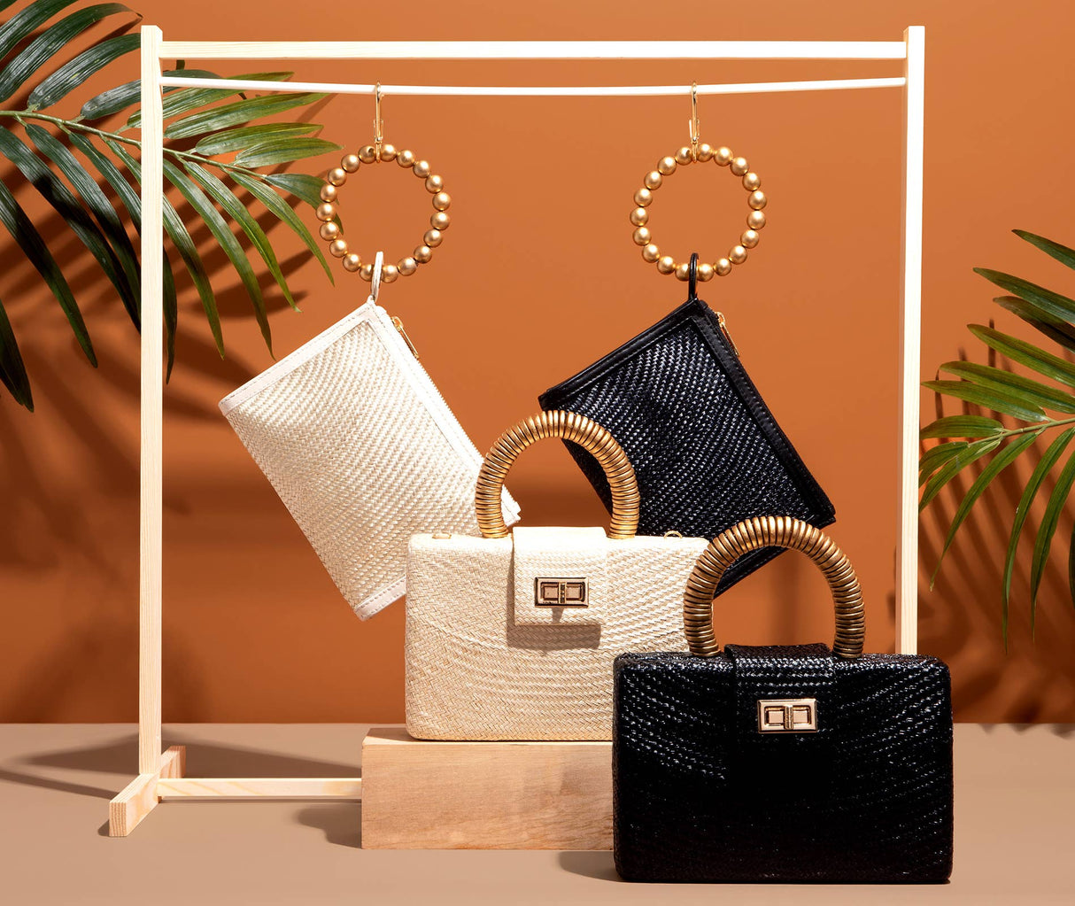 Black Straw Clutch | Gold Bead Handle | Vacation Luxury