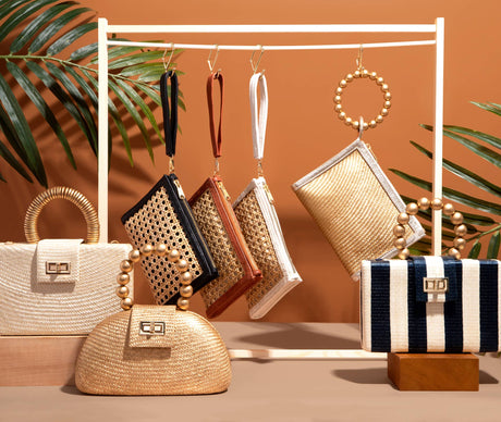 Navy Stripe Clutch Bag | Gold Bead Handle | Artisanal Luxury