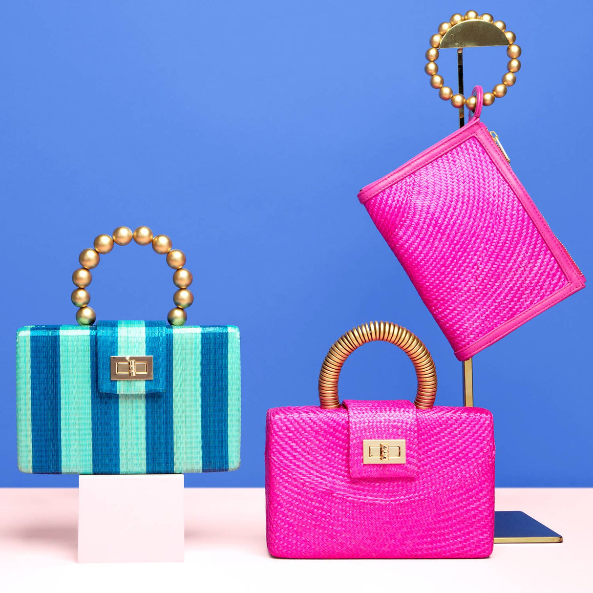 Pink Luxe  Straw Clutch | Gold Bead Handle | Summer Resort