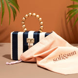 Navy Stripe Clutch Bag | Gold Bead Handle | Artisanal Luxury