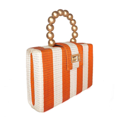 Orange Stripe Clutch Bag | Gold Bead Handle | Artisanal Luxe