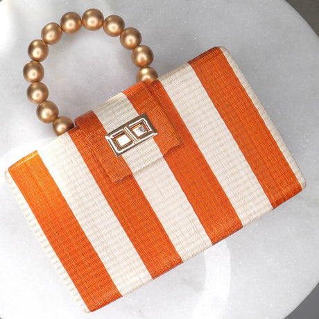 Orange Stripe Clutch Bag | Gold Bead Handle | Artisanal Luxe
