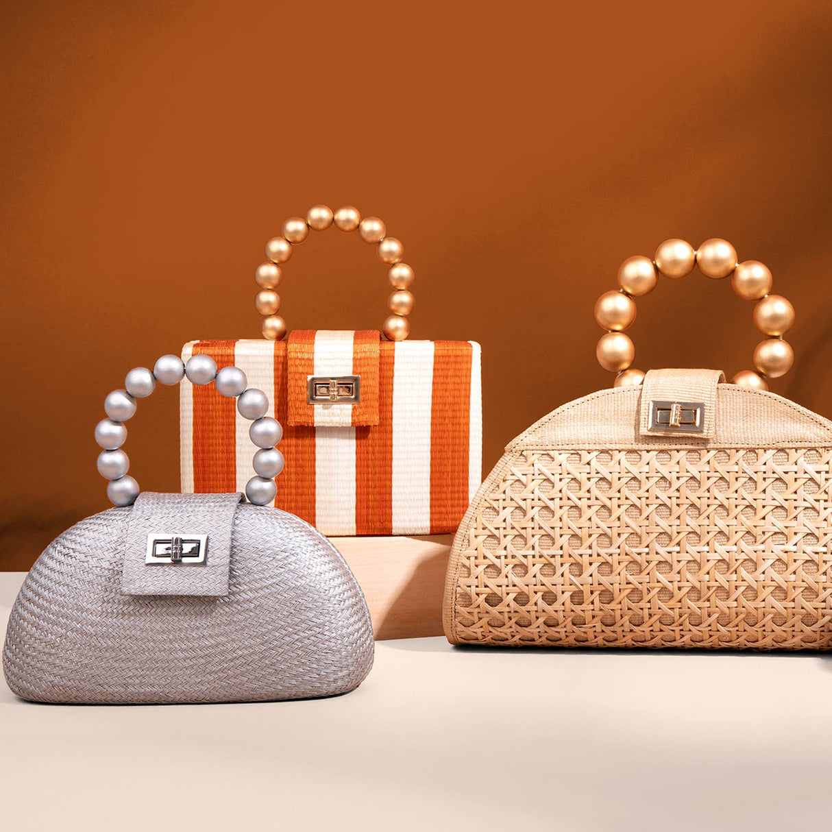 Orange Stripe Clutch Bag | Gold Bead Handle | Artisanal Luxe