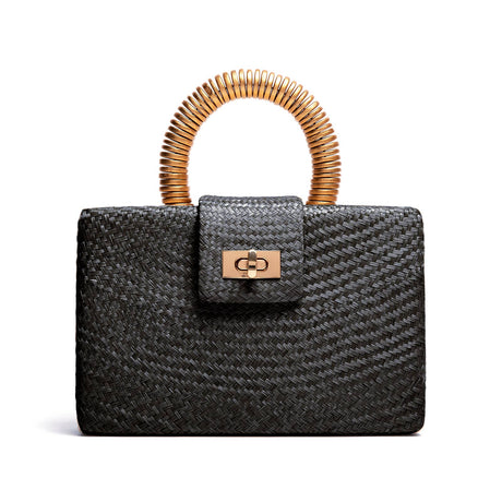 Black Straw Clutch | Gold Bead Handle | Vacation Luxury