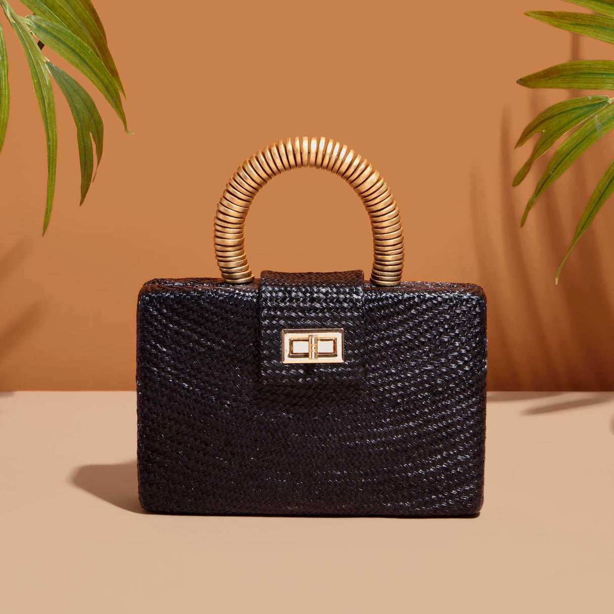 Black Straw Clutch | Gold Bead Handle | Vacation Luxury