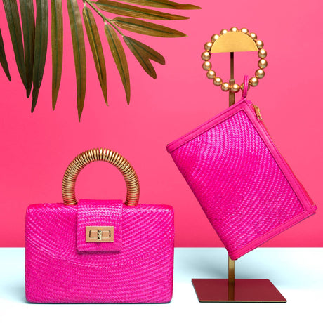 Pink Luxe  Straw Clutch | Gold Bead Handle | Summer Resort