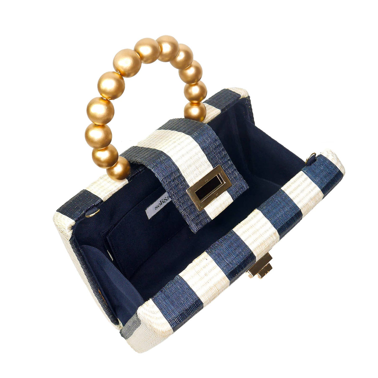 Navy Stripe Clutch Bag | Gold Bead Handle | Artisanal Luxury